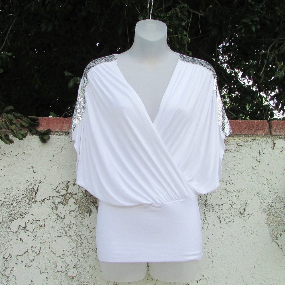 Jolie sequin shoulders white stretch rayon top S